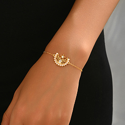 Настоящее золото 18K Элегантные полые браслеты из латуни со звездой и луной, украшенные прозрачными кубическими цирконами, браслеты-цепочки для женщин, реальный 18 k позолоченный, 5/8x7/8 дюйм (1.6x2.1 см), внутренний диаметр: 6-1/4 дюйм (16 см)