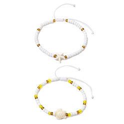 White Synthetic Turquoise & Glass Seed Braided Bead Bracelets, Starfish & Tortoise, White, Inner Diameter: 2-1/8~3-3/8 inch(5.5~8.5cm), 2pcs/set