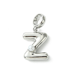 Letter Z Покрытие стойки латунь с АБС-пластиком жемчуг европейские подвески, Подвески с большими отверстиями, долговечный, без свинца и без кадмия, платина, Письмо Z, 22 мм длиной, отверстие : 5 мм, Кулон : 14x11x5 мм