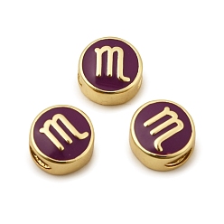 Скорпион Латунные бусины, с эмалью, плоские круглые с созвездием, реальный 18 k позолоченный, фиолетовые, Скорпион, 10x5 мм, отверстие : 4.5x2.5 мм
