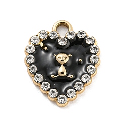 Noir Pendentifs en émail en alliage doré plaqué uv, avec strass cristal, coeur avec breloques ours, noir, 17.5x15x2.5mm, Trou: 1.8mm