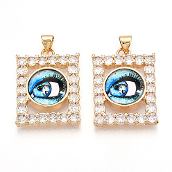 Небесно-голубой Латунные подвески с микропаве из прозрачных кубических цирконий для женщин, Прямоугольник с глаз, cmолой, реальный 18 k позолоченный, голубой, 26~27x20x7~8 мм, отверстие : 3.5~4x5 мм