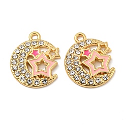 Golden Alloy Enamel Pendants, with Rhinestone, Long-Lasting Plated, Moon with Star Charm, Golden, 19.5x16x2mm, Hole: 1.6mm