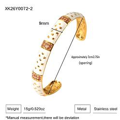 Star 304 Stainless Steel Enamel Cuff Bangles with Rhinestone, Real 18K Gold Plated, White, Star, Inner Diameter: 2.76 inch(7cm)