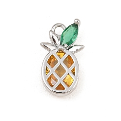 Platinum Brass Pave Colorful Cubic Zirconia Pendants, Pineapple Charms, Rack Plating, Long-Lasting Plated, Lead Free & Cadmium Free, Platinum, 15.5x9x4.5mm, Hole: 1.5mm