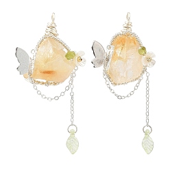 Citrino Grandes colgantes de citrino natural envueltos en alambre de cobre, sin tratar y calentado., dijes de pepitas con mariposa de latón, el color plateado de plata, 57~58x24~28.5x9~15 mm, agujero: 3~3.5 mm