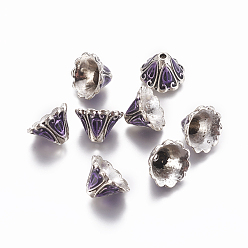 Фиолетовый Эмали сплава шарик крышки, 5-лепесток, цветок, античное серебро, фиолетовые, 15x10 мм, отверстие : 2 мм