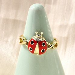 Настоящее золото 16K Латунные эмалевые регулируемые открытые манжеты для женщин, без кадмия и без свинца, божья коровка, реальный 16 k позолоченный, реальный 16 k позолоченный, 12.5x10 мм