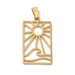 Настоящее золото 18K 304 подвески из нержавеющей стали, лазерная резка, прямоугольник с очарованием солнца и морской волны, реальный 18 k позолоченный, 26x15x1 мм, отверстие : 6x3 мм