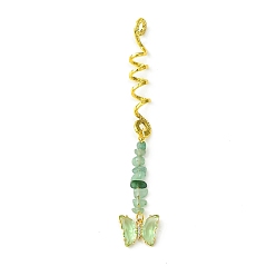 Aventurine Verte Perles de dreadlocks en alliage, Verre papillon et puces d'aventurine verte naturelle, pendentifs pour cheveux tressés, clips de décoration, pour la coiffure, 113mm, Trou: 4.5mm, diamètre intérieur: 8 mm