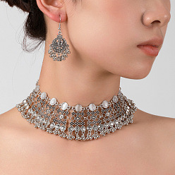 Белый Комплекты из ретро-сплавного колье-чокера и сережек-подвесок для женщин, с кошачий глаз, белые, ожерелья: 450 мм; серьга: 50x30мм