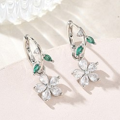 Платина Женские серьги-кольца из латуни с микропаве из кубического циркония в форме цветка., стойки покрытие, долговечный, без свинца и без кадмия, платина, 24x10.5 мм