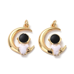 Черный Кулоны из экологически чистой латуни с эмалью, долговечный, реальный 18 k позолоченный, без кадмия и без свинца, космонавт с луной, чёрные, 20x14x3 мм, отверстие : 2.8 мм
