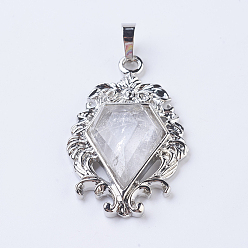 Quartz Crystal Natural Quartz Crystal Pendants, with Brass Findings, Flower with Diamond Shape, Platinum, 41.5x26x7.5~8mm, Hole: 5x7.5~8mm
