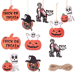 Mixed Color 10Sets Halloween Theme Pumpkin & Ghost & Cat & Skull Wooden Hanging Decorations, with Hemp Cord, Mixed Color, 2sets/style