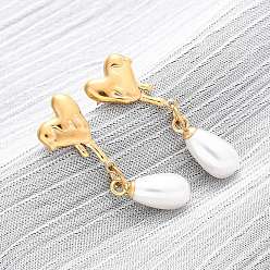 Золотой 304 серьги-гвоздики из пластика и нержавеющей стали с имитацией жемчуга, сердце со слезой, золотые, 30x8.5 мм