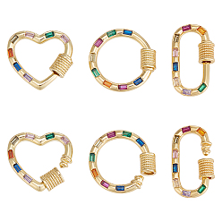 Разноцветный 6 шт. 3 стили латунные подвески с микропаве из кубического циркония с винтовым карабином и замком, для изготовления ожерелий, быстрые ссылки, долговечный, реальный 18 k позолоченный, разнообразные, красочный, 18.5~23.5x13.5~21x3 мм, винт: 5 мм в диаметре, 2 шт / стиль