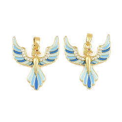 Light Sky Blue Brass Micro Pave Orange Red Cubic Zirconia with Enamel Pendants, Phenix Charms, Real 18K Gold Plated, Light Sky Blue, 25x21x3mm, Hole: 5x2mm
