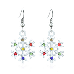 Платина Серьги-подвески из эмалевого сплава со снежинками, со стразами, платина, 38.7x15.4 мм