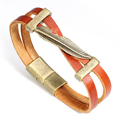 Orange Red Leather Multi-strand Bracelets, with Alloy Findings & Magnetic Clasp, Plume, Antique Bronze, Orange Red, 8-1/4 inch(21cm), 19mm Wide