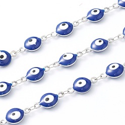 Blue 304 Stainless Steel Enamel  Link Chains, Evil Eye, Unwelded, with Spool, Stainless Steel Color, Blue, 15x8x3mm, 16.4 Feet(5m)/roll