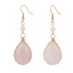 Розовый Кварц Серьги-капли из натурального розового кварца с натуральным жемчугом, серьги-подвески из латунной проволоки для женщин, золотые, 62 мм, штифты : 0.6 мм