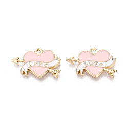 Pink Подвески из эмали и сплава, сердце со стрелами, золотые, без кадмия, без никеля и без свинца, розовые, 15.5x23x1.8 мм, отверстие : 1.8 мм