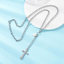 Нержавеющая Сталь Цвет 304 крест из нержавеющей стали с натуральным жемчугом риса, кулон на цепочке и ожерелье, цветочный белый, цвет нержавеющей стали, 24.02 дюйм (61 см)