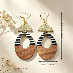Teardrop Aleación cuelga los pendientes, Pendientes de resina y madera., dorado, lágrima, 68x28 mm