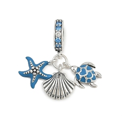 Платина 925 европейские подвески из стерлингового серебра с индиголитовыми стразами, эмалевые подвески в форме панциря морской звезды с большим отверстием, родий, платина, 22.5 мм, отверстие : 4.5 мм