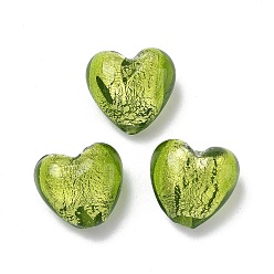 Зеленый газон Стеклянные бусины, с фольгой внутри, ручная работа, сердце, зеленый газон, 13~14x14~15x9~12 мм, отверстие : 1.8 мм