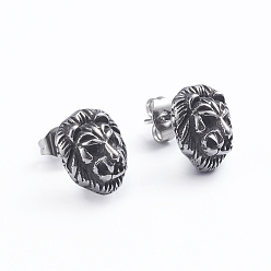Antique Silver Retro 304 Stainless Steel Stud Earrings, with Ear Nuts, Lion, Antique Silver, 12x10.5mm, Pin: 0.7mm