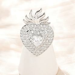 Настоящее золото 18K Латунные кольца из манжеты с прозрачным цирконием, без кадмия и без свинца, сердце, реальный 18 k позолоченный, 32.5x23.5 мм