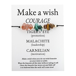 Смешанные камни Браслеты из плетеных бусин из натурального тигрового глаза, малахита, карлиана и латуни с регулируемой микросхемой, 6-1/4~10-1/4 дюйм (16~26 см)