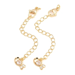 Golden Brass Curb Chain Extender, End Chains with Lobster Claw Clasps and Cubic Zirconia Charms, Fish, Golden, 70mm, Hole: 2.4mm
