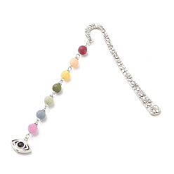 Antique Silver Tibetan Style Alloy Bookmarks, with Chakra Theme Frosted Natural Gemstone Beaded Pendant, Eye, Antique Silver, 138mm