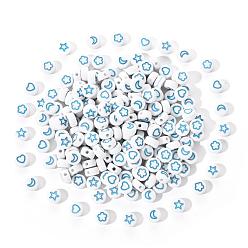 Cadet Blue White Opaque Acrylic Beads, Flat Round with Heart & Flower & Moon & Star, Cadet Blue, 7x4mm, Hole: 1.6mm, 200pcs/set