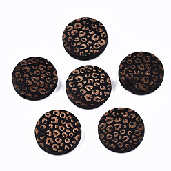 Black Painted Natural Wood Beads, Laser Engraved Pattern, Flat Round with Leopard Print, Black, 20x5mm, Hole: 1.5mm