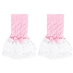 Бледно-Розовый Женские трикотажные манжеты на запястье из хлопка с цветочным кружевом и бантом для свадебной вечеринки, розовый жемчуг, 225~230x160~175x6~7 мм