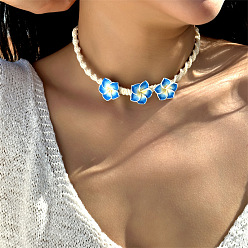 Озёрно--синий Регулируемое летнее пляжное тройное ожерелье-чокер из полимерной глины с цветочным узором, скрученное и плетеное из вощеного шнура, для женщин., Плут синий, 39.37 дюйм (100 см)