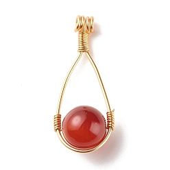 Carnelian Natural Carnelian Pendants, with Copper Wire Wrapped, Round, 39x16x12mm, Hole: 2.1mm