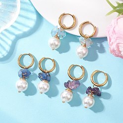 Золотой 3 пары круглых 202 сережек-колец из нержавеющей стали, с раковинами, натуральным многоцветным турмалином и натуральным розовым кварцем., золотые, золотые, 40x12~16 мм