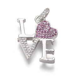 Платина Латунные подвески из микропаве из циркония на день святого валентина, Слово любовь, очистить и камелия, платина, 23.5x17.5x2.5 мм, отверстие : 3.5x3 мм