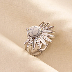 Говлит Регулируемые 304 манжеты из нержавеющей стали с открытыми кольцами для женщин, солнце, с естественным Howlite, цвет нержавеющей стали, 21 мм, внутренний диаметр: 17 мм