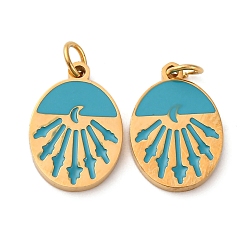 Темно-Голубой 304 подвеска из эмали из нержавеющей стали, овал с подвеской в виде солнца и луны, с целью перехода в кольце, ионное покрытие (ip), реальный 18 k позолоченный, глубокое синее небо, 14x9.5x1.5 мм, отверстие : 2.5 мм