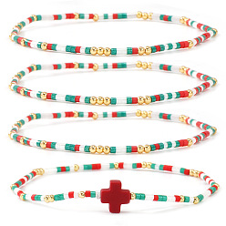 Красный 4 Наборы браслетов из эластичной ткани в богемном летнем стиле с крестом и стеклянным бисером, летние украшения для женщин, красные, внутренний диаметр: 6.50 дюйм (16.5 см)