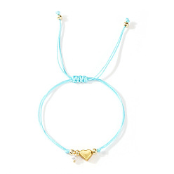 Небесно-голубой Браслеты с подвесками из искусственного жемчуга, Регулируемые латунные браслеты из плетеных бусин для женщин, сердце, с волоконным шнуром, голубой, 11.02 дюйм (28 см)