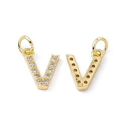 Letter V Real 18K Gold Plated Brass Micro Pave Clear Cubic Zirconia Charms, with Jump Ring, Letter.V, 11x9.5x2.5mm, Hole: 3.4mm