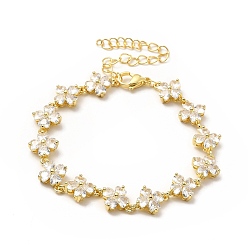 Настоящее золото 18K Браслет-цепочка из звеньев клевера из прозрачного кубического циркония, стеллаж для латунных украшений для женщин, без свинца и без кадмия, долговечный, реальный 18 k позолоченный, 7-1/4 дюйм (18.5 см)