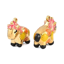 Chapado en Oro Real 18K 304 colgantes de esmalte de acero inoxidable, Caballo con dijes de estampado floral, revestimiento de iones (ip), colorido, real 18 k chapado en oro, 26x30.5x13 mm, agujero: 2 mm